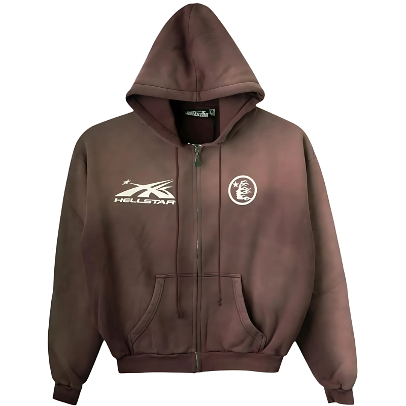 Hellstar Brown HS logo Zip Up Hoodie