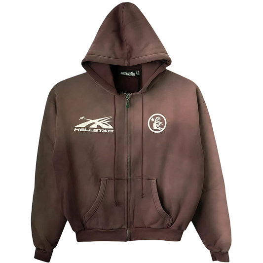 Hellstar Brown HS logo Zip Up Hoodie